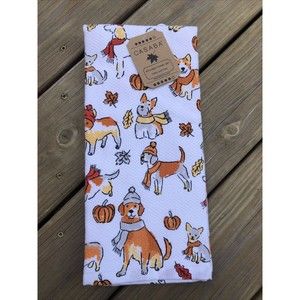 NEW CASABA Dogs Pumpkins Leaves Hats Scarves Fall Kitchen Towels Set Of 2 White